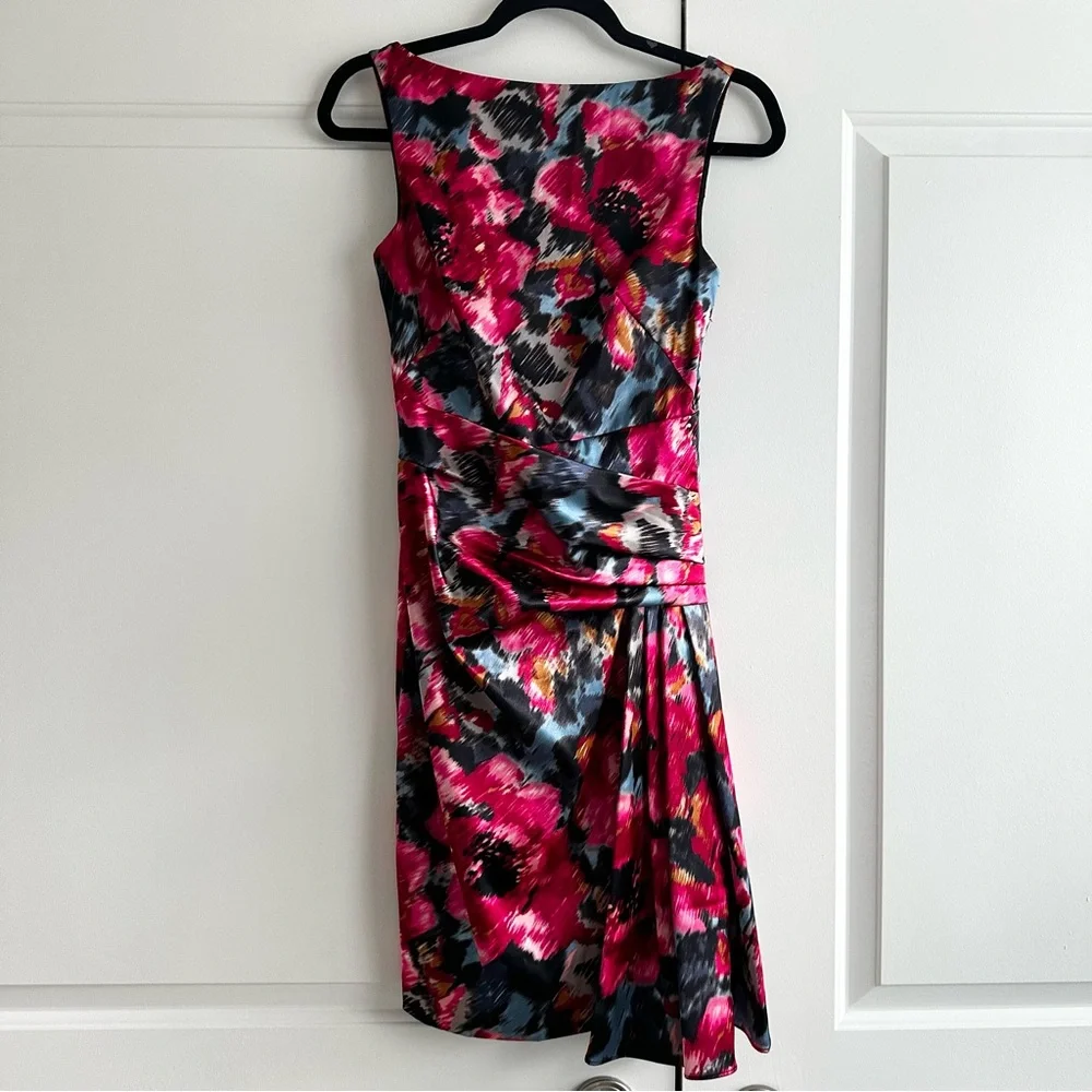 Maggy London Pink, Black and Grey Floral Satin Dress